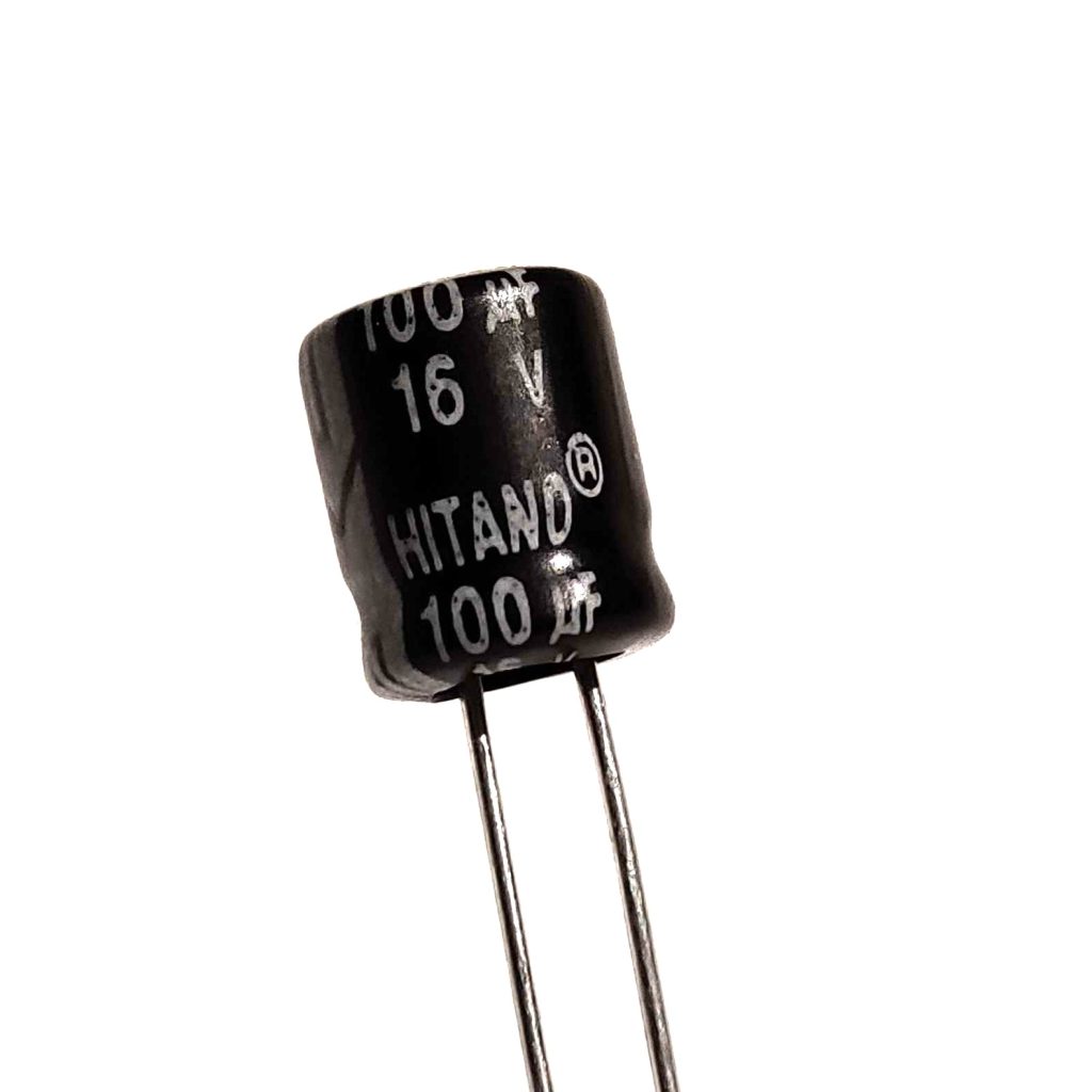 Capacitor 100uF 16V 6 mm x 7 mm (Ø x h) ±20%.